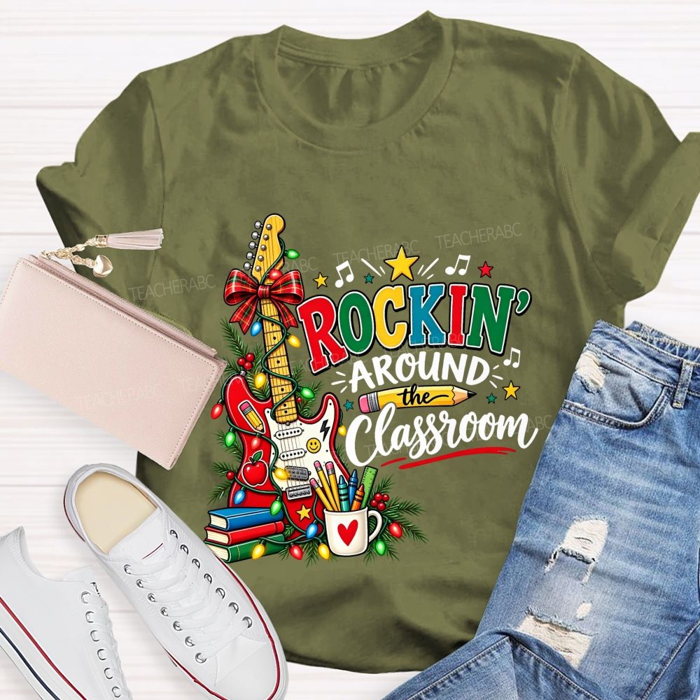 Rockin Around The Classroom Christmas Teacher Guitar T-shirt