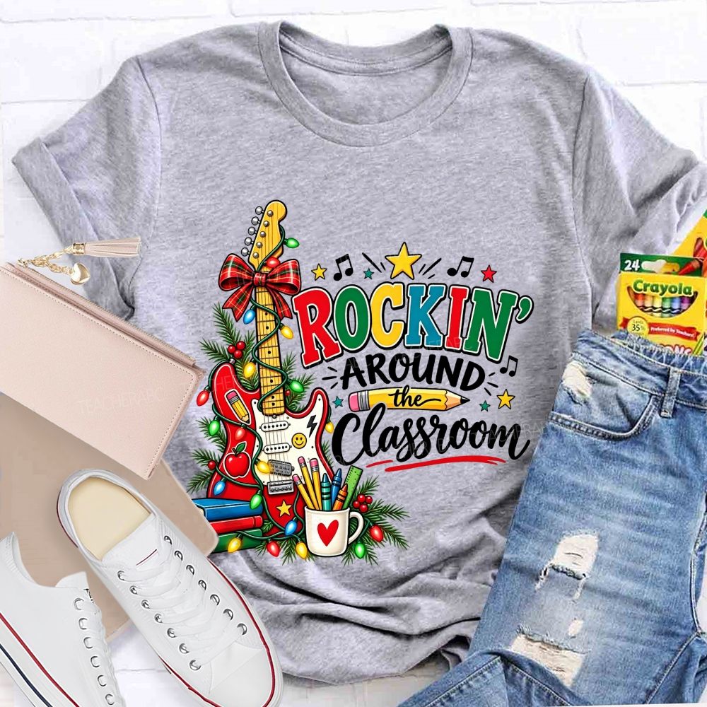 Rockin Around The Classroom Christmas Teacher Guitar T-shirt