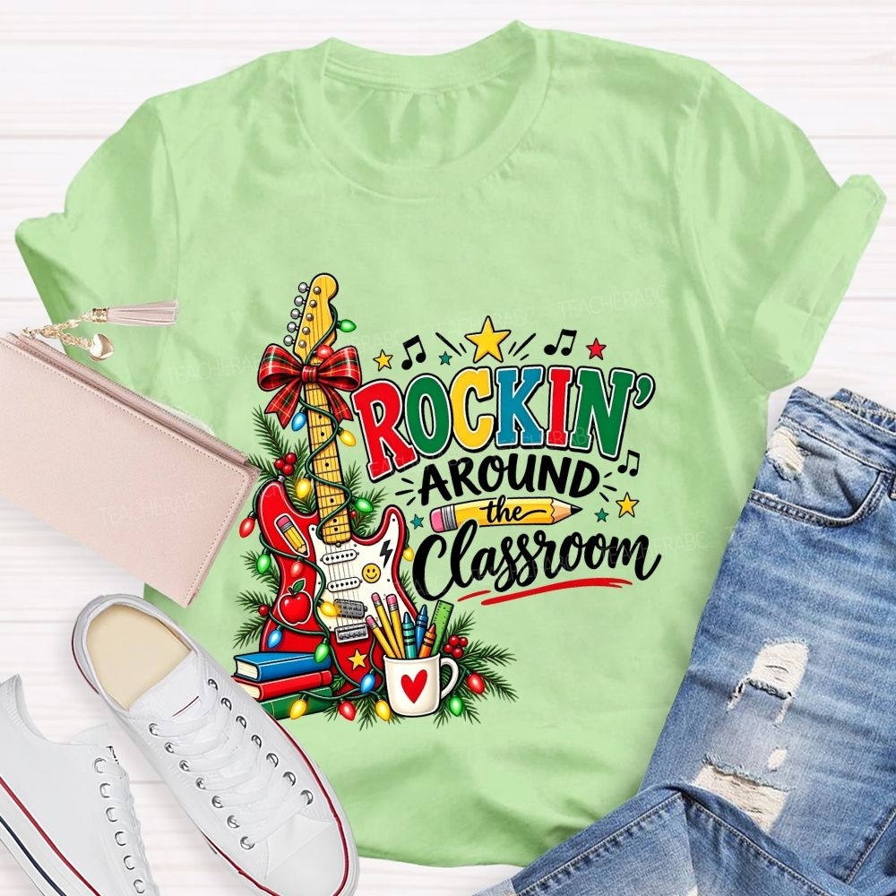 Rockin Around The Classroom Christmas Teacher Guitar T-shirt