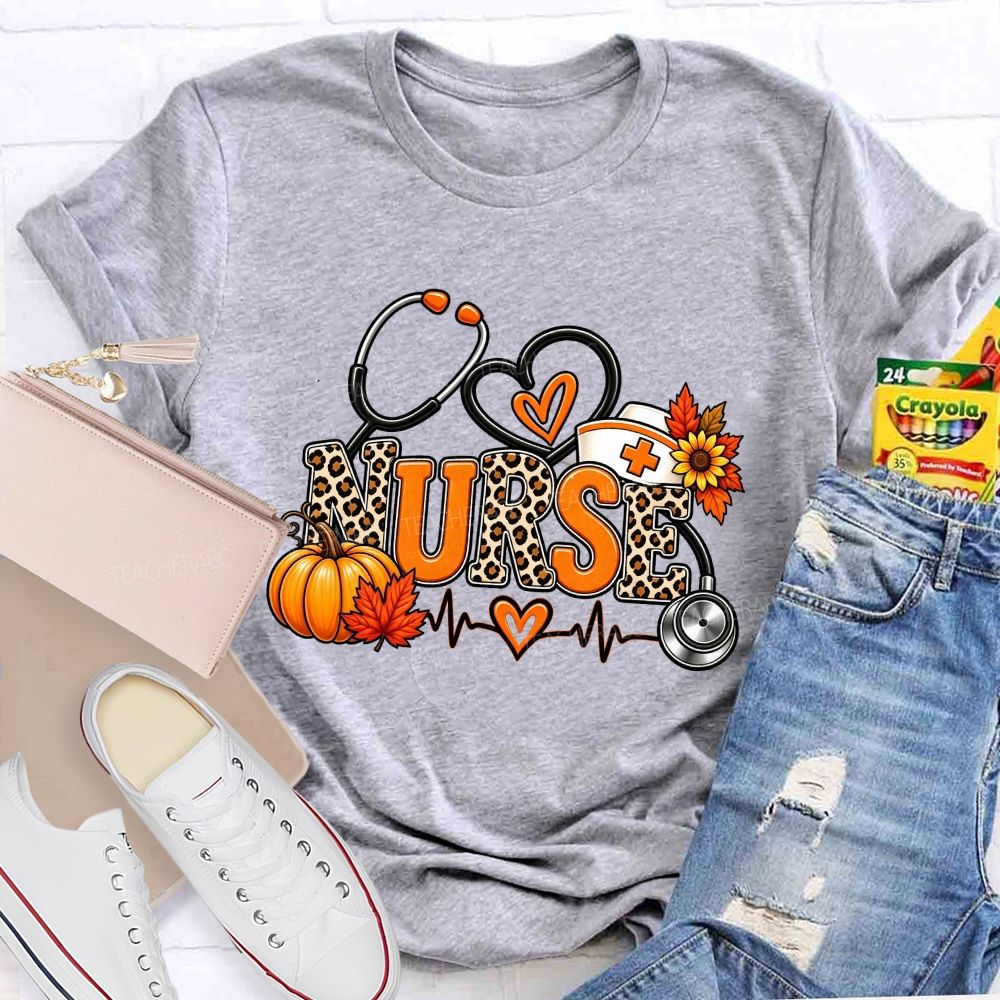 Fall Nurse Leopard Stethoscope Heartbeat T-shirt