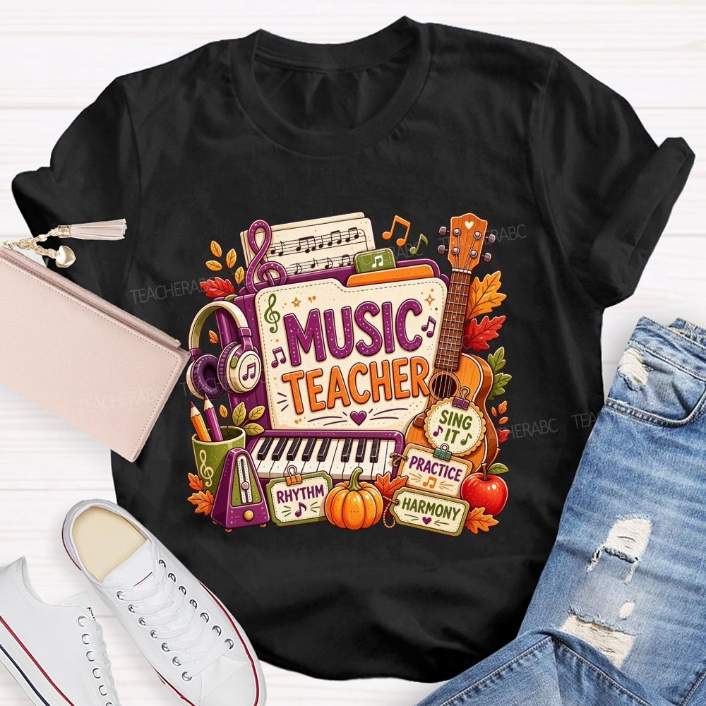 Fall Music Teacher Rhythm Harmony Vibes Teacher T-shirt