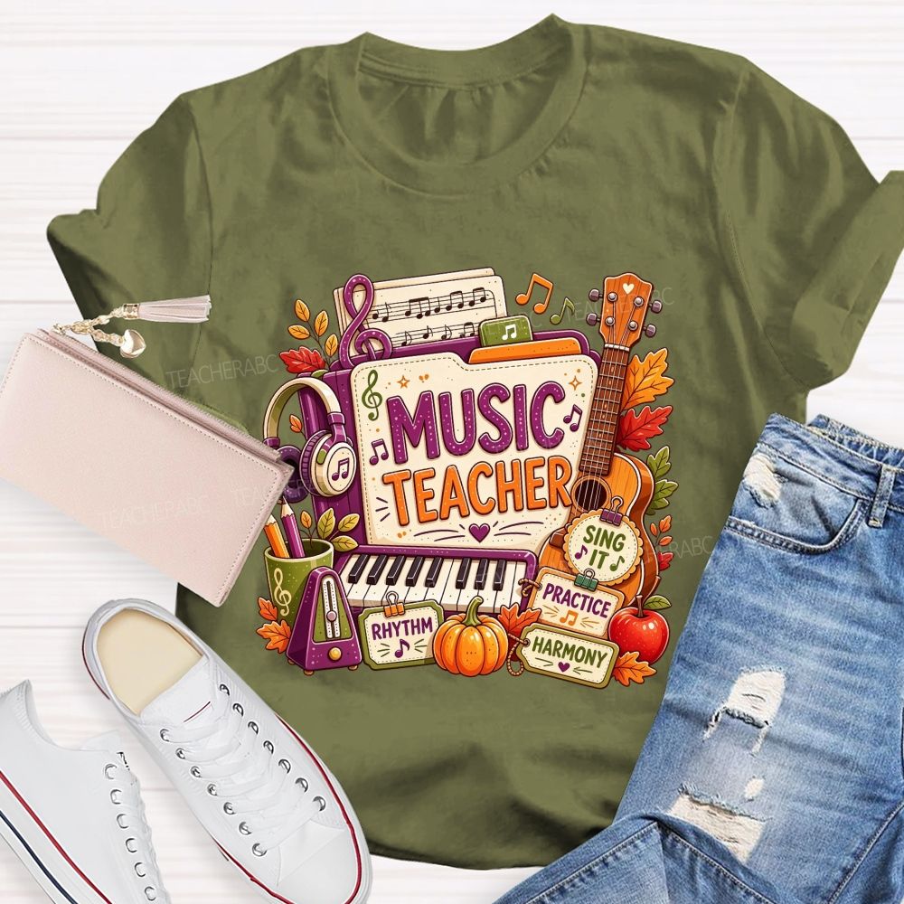 Fall Music Teacher Rhythm Harmony Vibes Teacher T-shirt