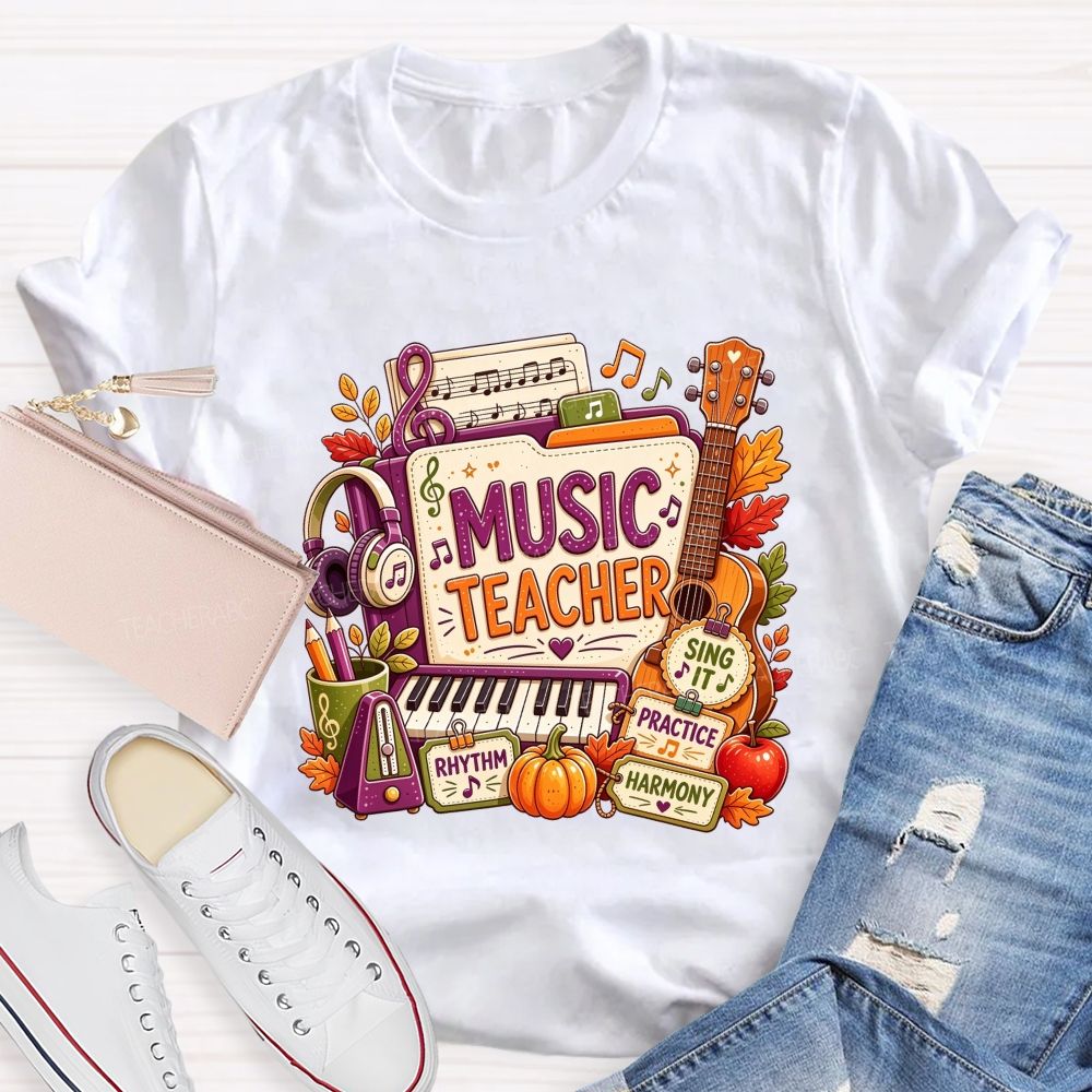 Fall Music Teacher Rhythm Harmony Vibes Teacher T-shirt