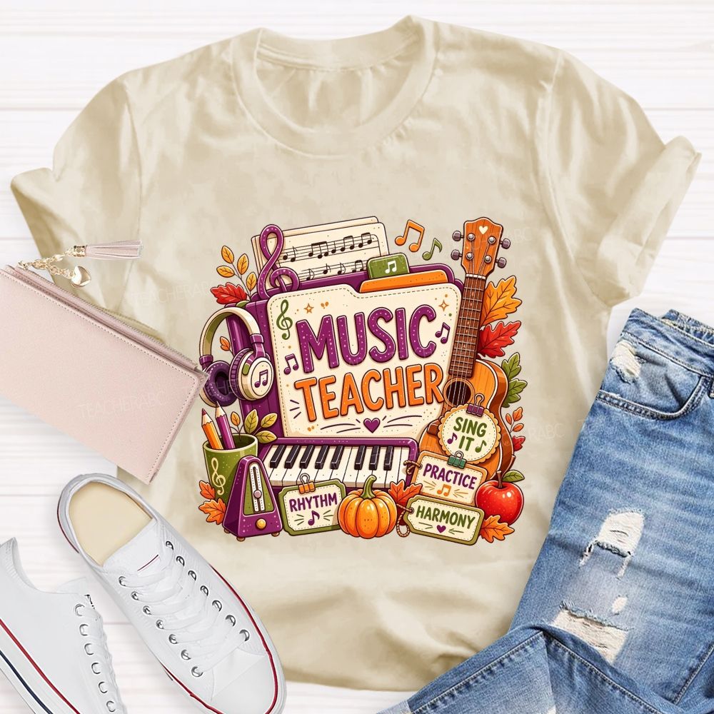 Fall Music Teacher Rhythm Harmony Vibes Teacher T-shirt