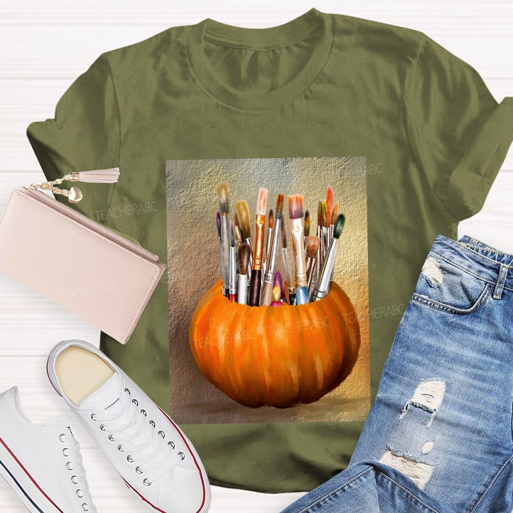 Fall Art Teacher Pumpkin Paint Brushes Teacher T-shirt