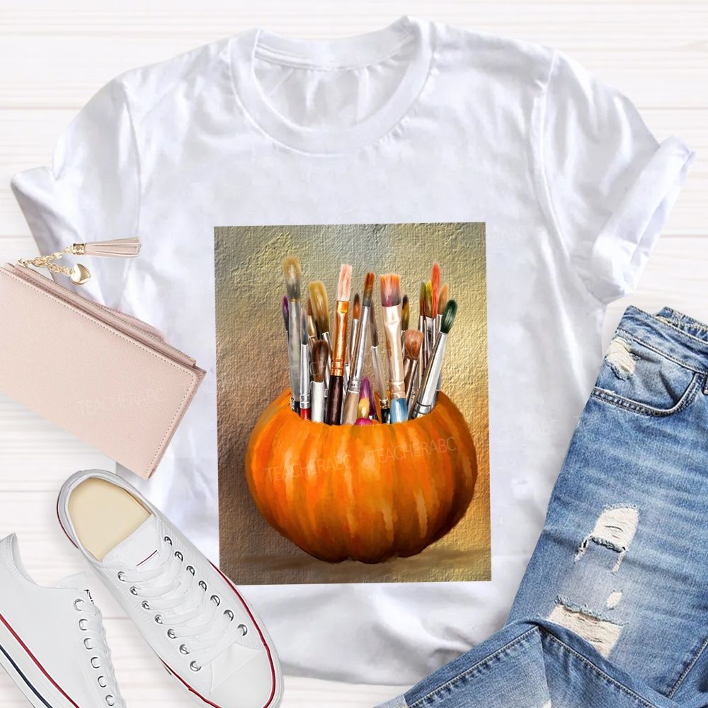 Fall Art Teacher Pumpkin Paint Brushes Teacher T-shirt