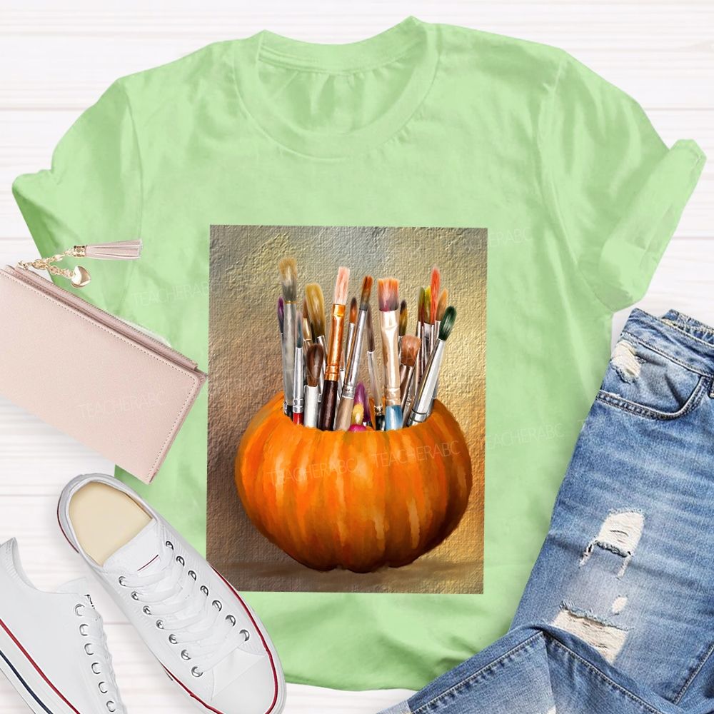 Fall Art Teacher Pumpkin Paint Brushes Teacher T-shirt