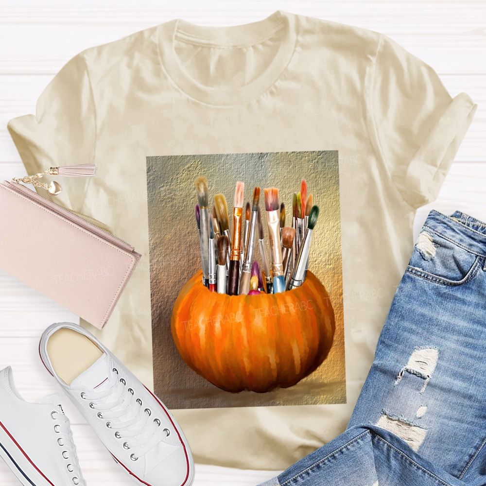 Fall Art Teacher Pumpkin Paint Brushes Teacher T-shirt
