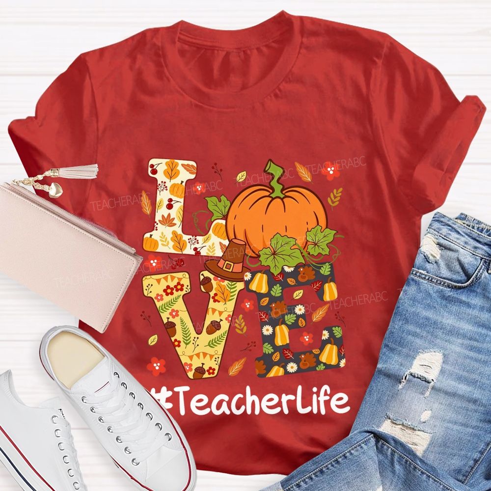 Fall Teacher Life Thanksgiving Pumpkin Graphic Teacher T-shirt