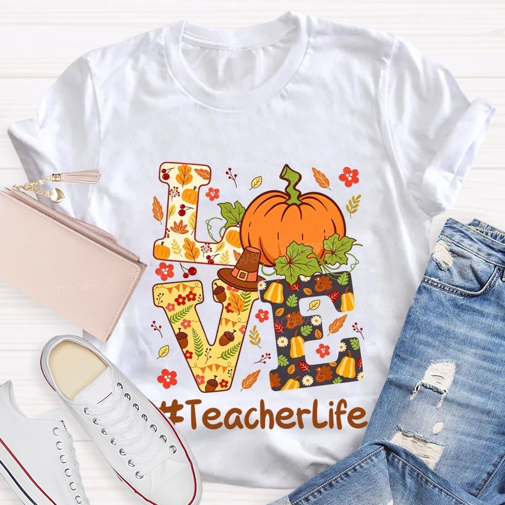 Fall Teacher Life Thanksgiving Pumpkin Graphic Teacher T-shirt