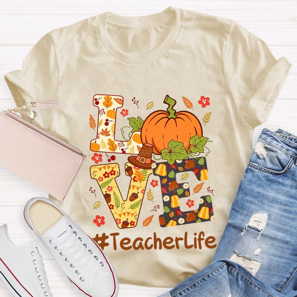 Fall Teacher Life Thanksgiving Pumpkin Graphic Teacher T-shirt