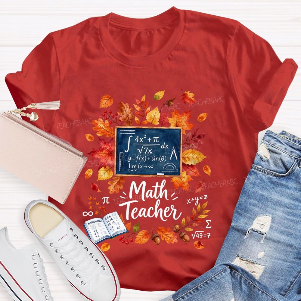 Autumn Math Teacher Leaves Wreath Teacher T-shirt
