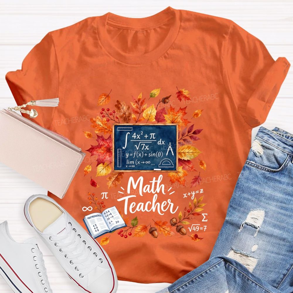 Autumn Math Teacher Leaves Wreath Teacher T-shirt
