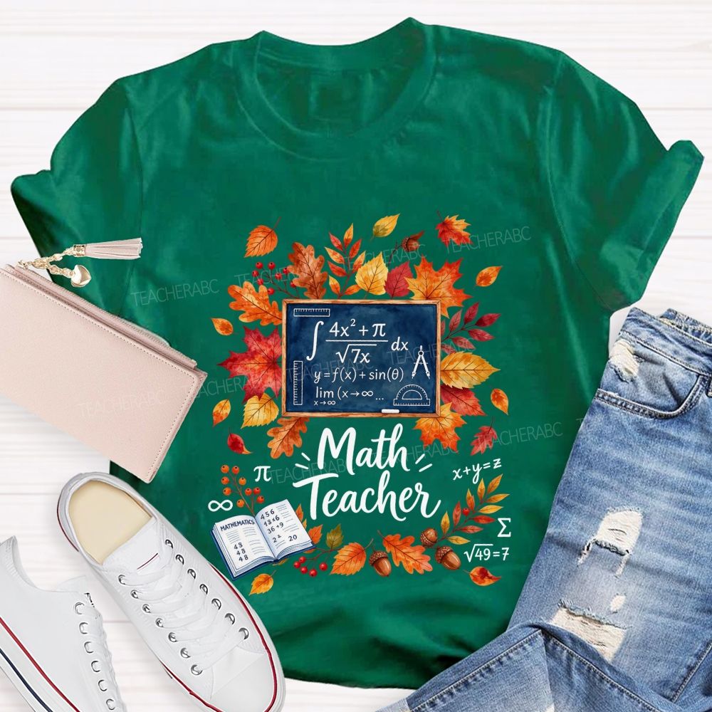 Autumn Math Teacher Leaves Wreath Teacher T-shirt