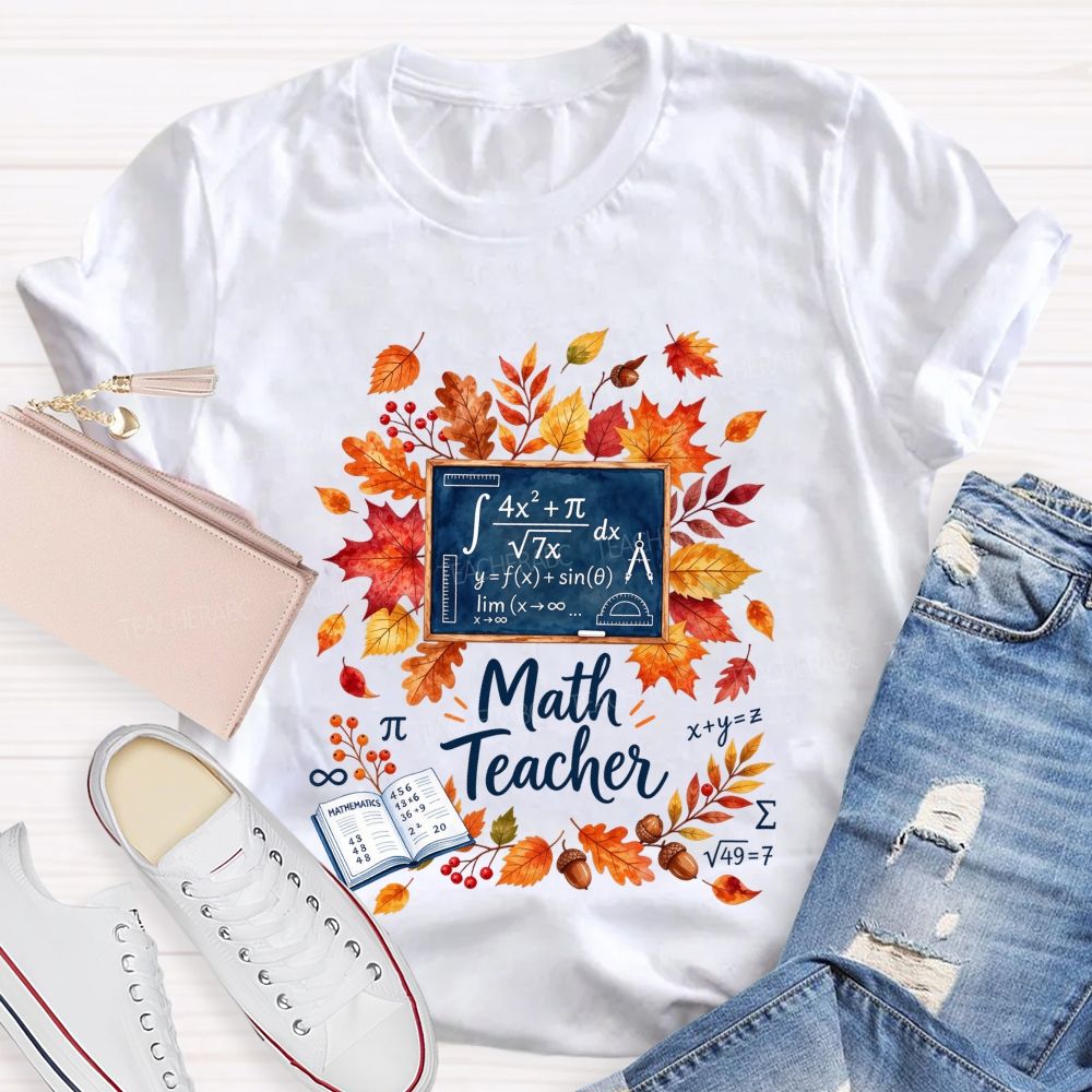 Autumn Math Teacher Leaves Wreath Teacher T-shirt