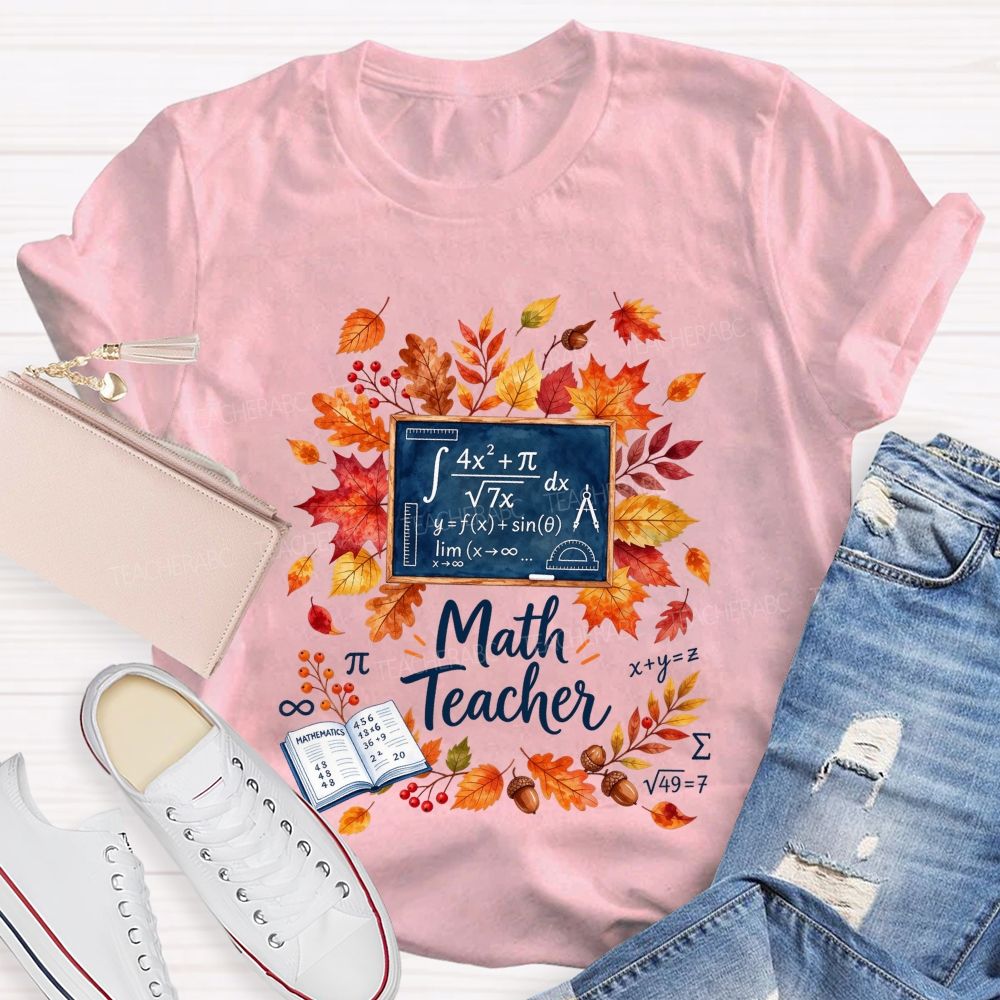 Autumn Math Teacher Leaves Wreath Teacher T-shirt