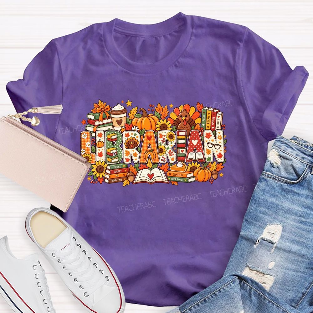 Autumn Fall Librarian Pumpkin Turkey Teacher T-shirt