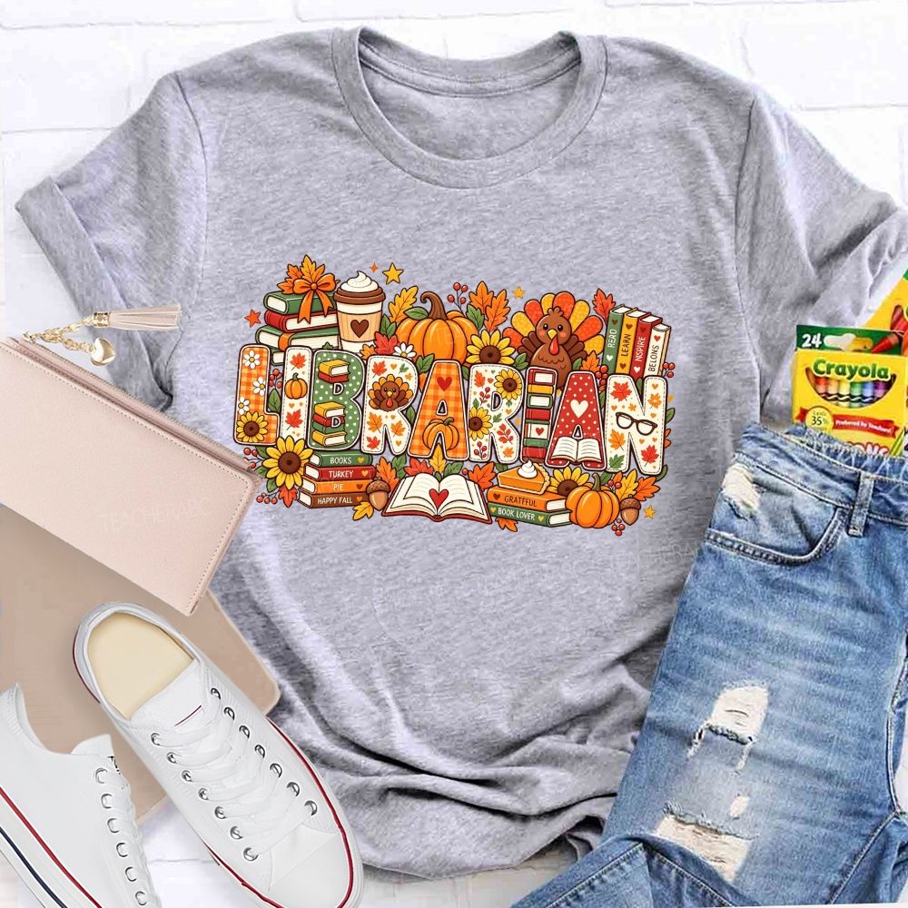 Autumn Fall Librarian Pumpkin Turkey Teacher T-shirt