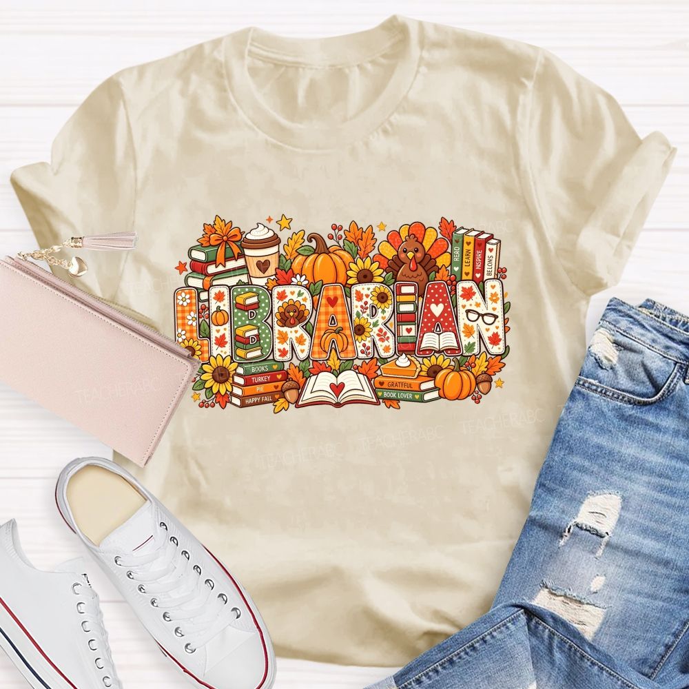 Autumn Fall Librarian Pumpkin Turkey Teacher T-shirt
