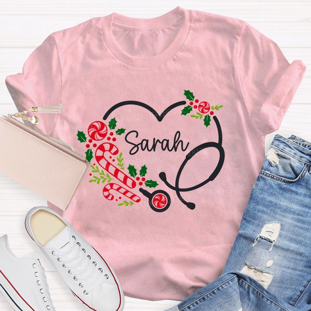 Personalized Name School Nurse Heart Stethoscope Christmas T-shirt