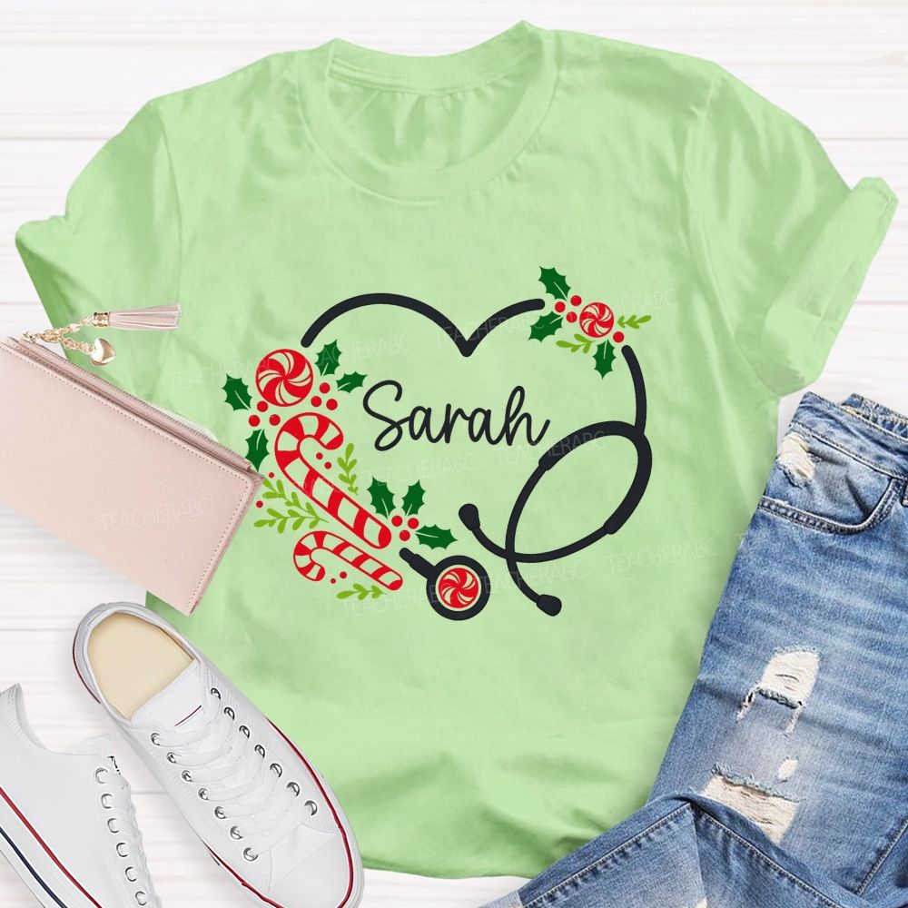 Personalized Name School Nurse Heart Stethoscope Christmas T-shirt