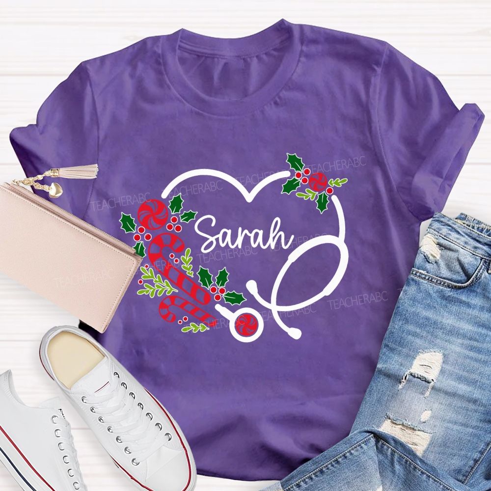 Personalized Name School Nurse Heart Stethoscope Christmas T-shirt