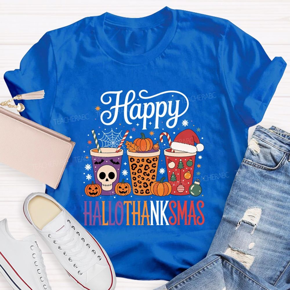 Happy Hallothanksmas Pumpkin Teacher T-shirt
