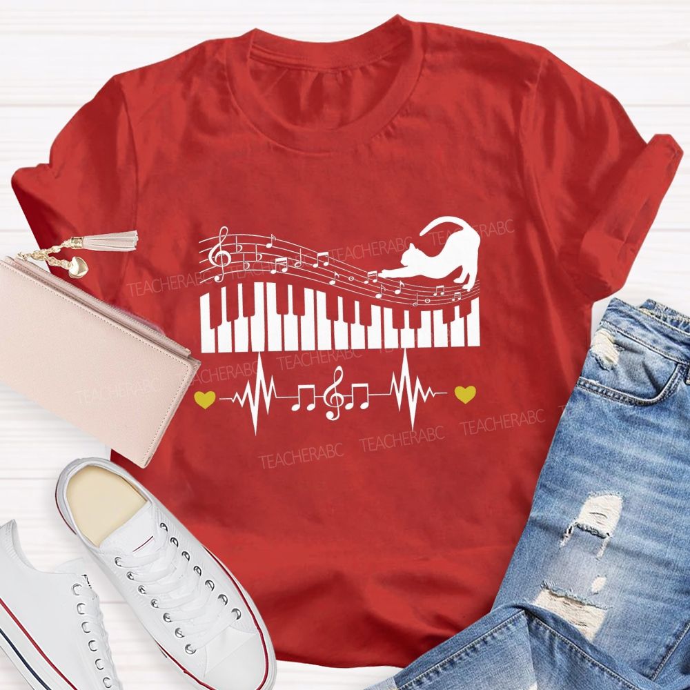Cat Playing Music Piano Keyboard Heartbeat Music Lover Teacher T-shirt