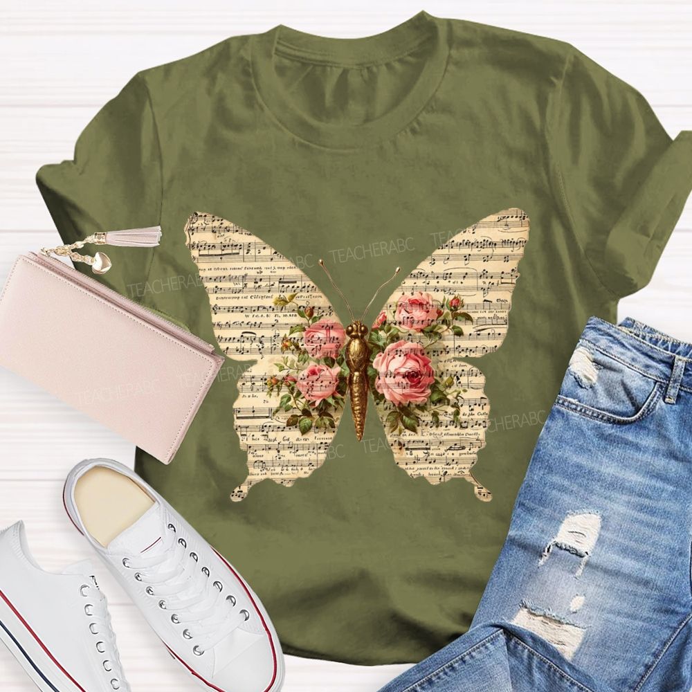 Sheet Music Butterfly With Pink Roses Music Teacher T-shirt