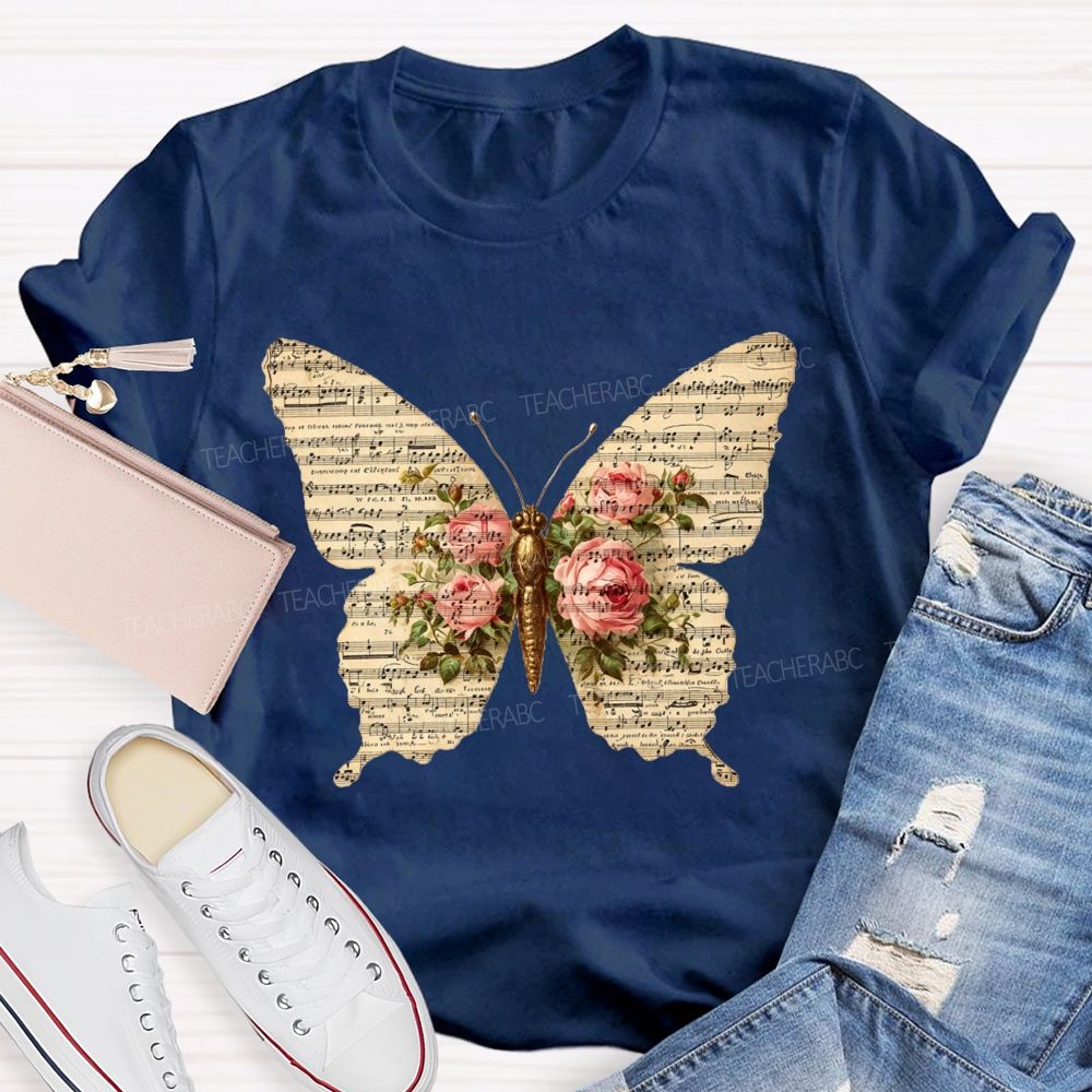Sheet Music Butterfly With Pink Roses Music Teacher T-shirt