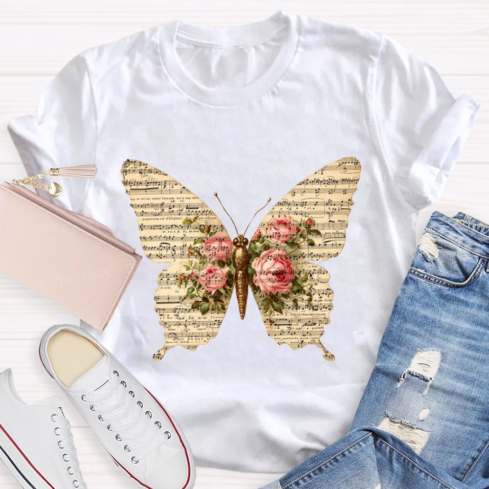 Sheet Music Butterfly With Pink Roses Music Teacher T-shirt