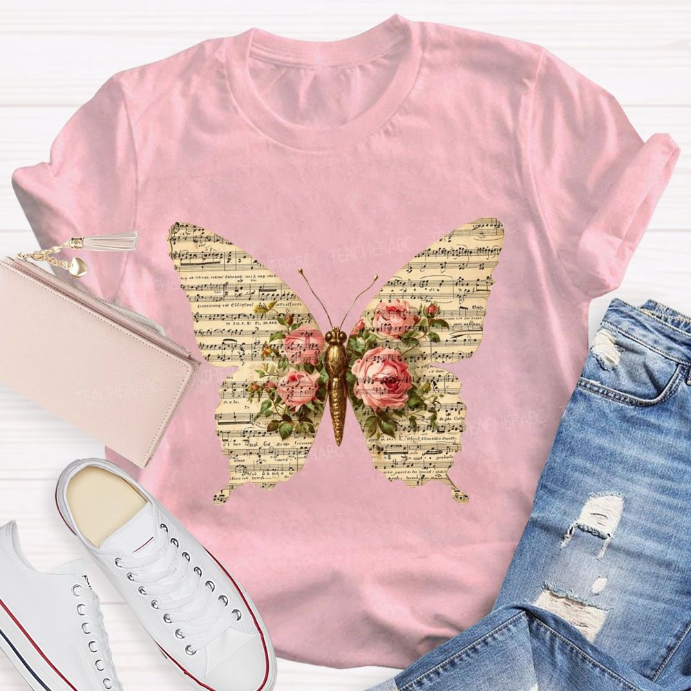Sheet Music Butterfly With Pink Roses Music Teacher T-shirt