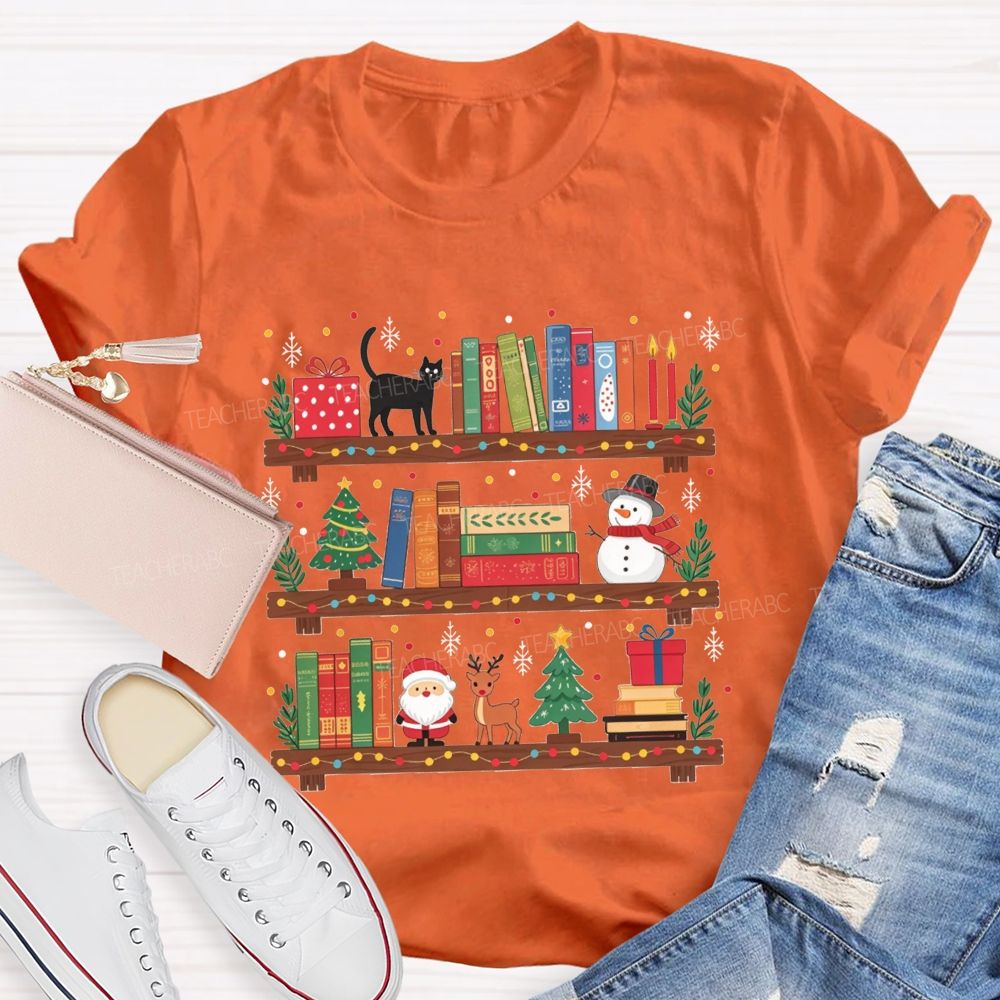 Christmas Bookshelf Black Cat Santa Snowman Librarian Teacher T-shirt
