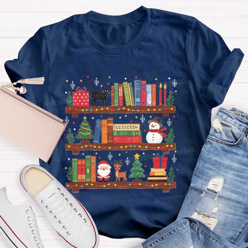 Christmas Bookshelf Black Cat Santa Snowman Librarian Teacher T-shirt