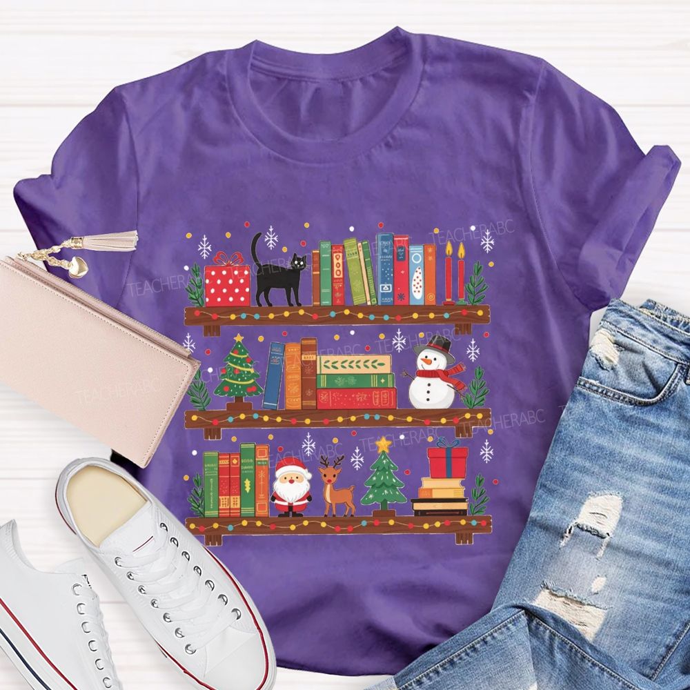 Christmas Bookshelf Black Cat Santa Snowman Librarian Teacher T-shirt