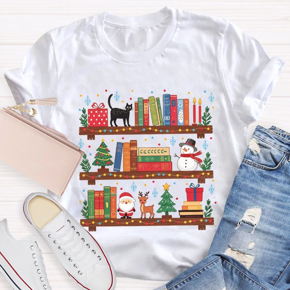Christmas Bookshelf Black Cat Santa Snowman Librarian Teacher T-shirt