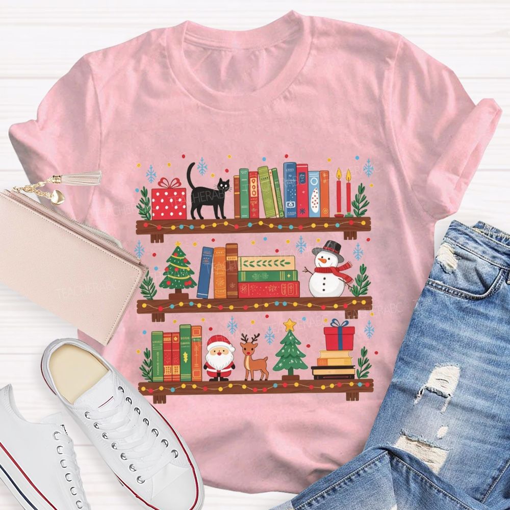 Christmas Bookshelf Black Cat Santa Snowman Librarian Teacher T-shirt
