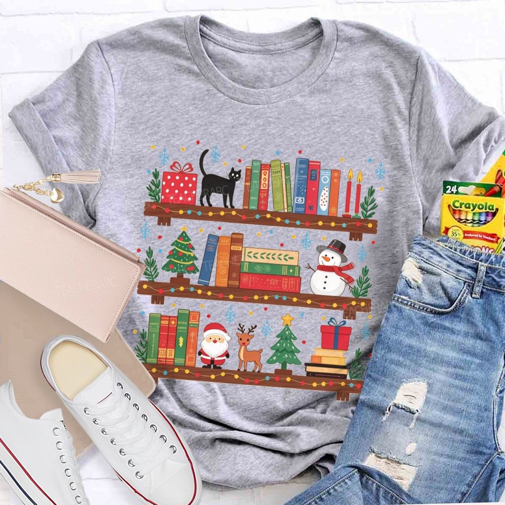 Christmas Bookshelf Black Cat Santa Snowman Librarian Teacher T-shirt