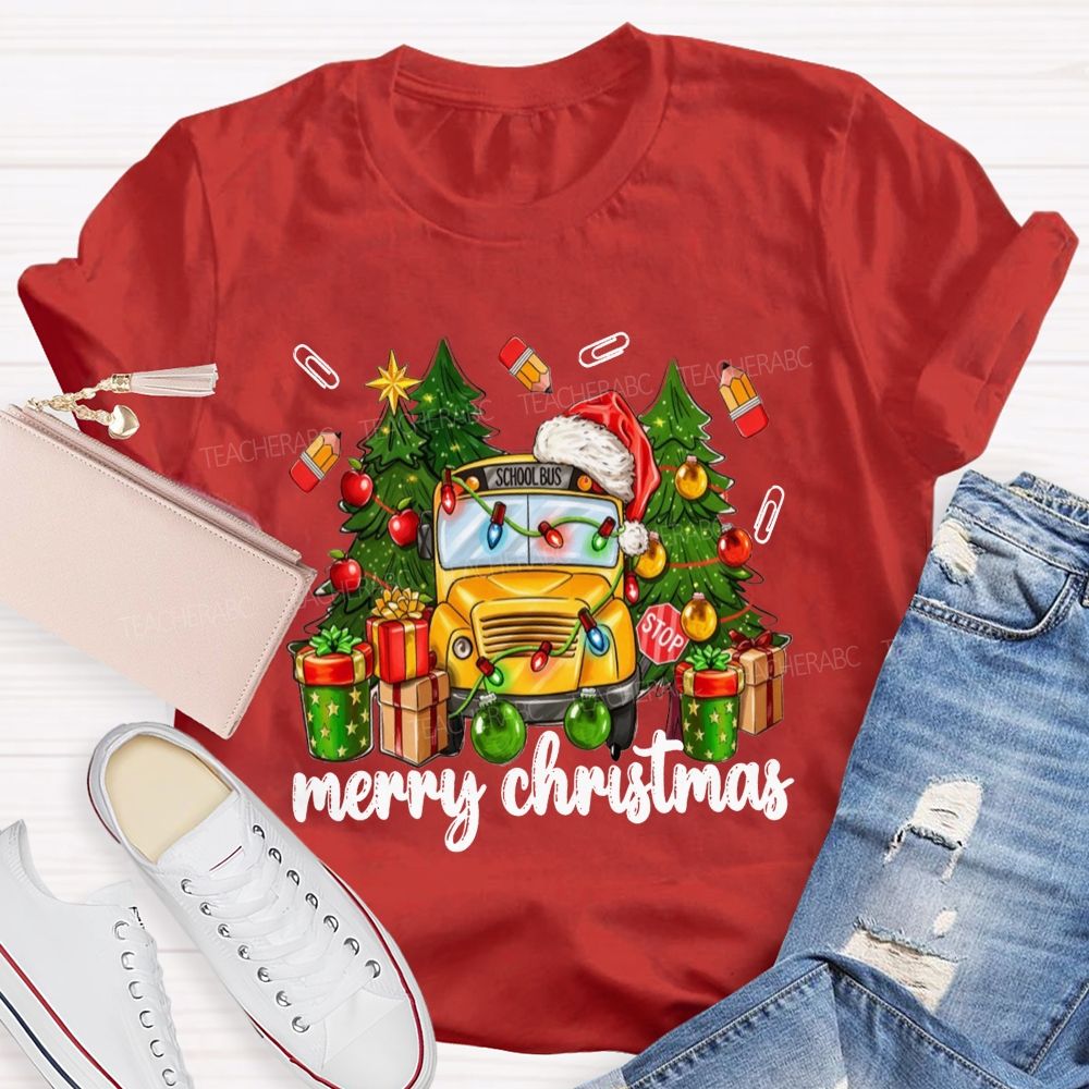 Merry Christmas School Bus Santa Hat Pencil T-shirt