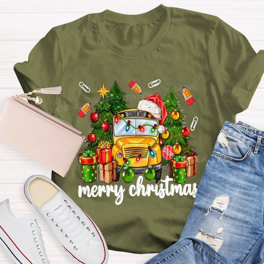 Merry Christmas School Bus Santa Hat Pencil T-shirt