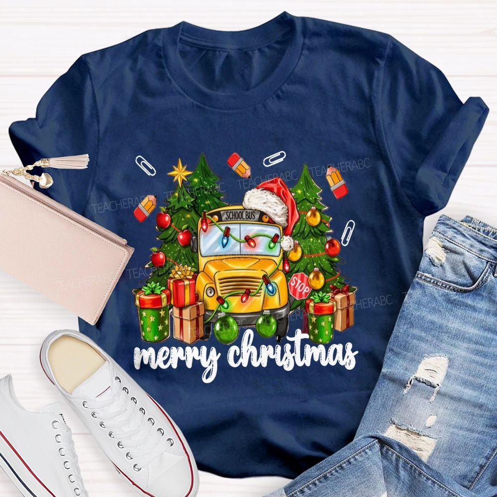 Merry Christmas School Bus Santa Hat Pencil T-shirt