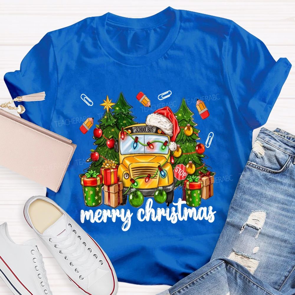 Merry Christmas School Bus Santa Hat Pencil T-shirt