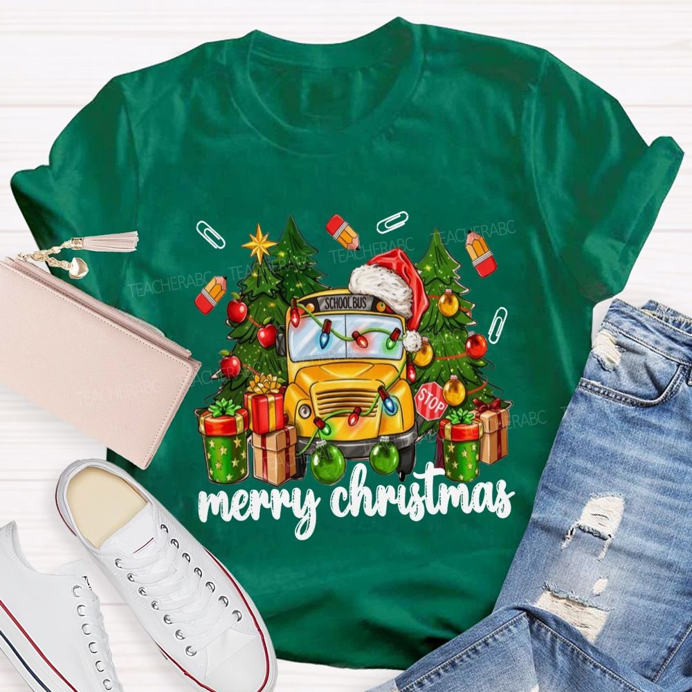 Merry Christmas School Bus Santa Hat Pencil T-shirt