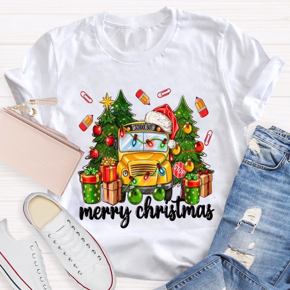 Merry Christmas School Bus Santa Hat Pencil T-shirt