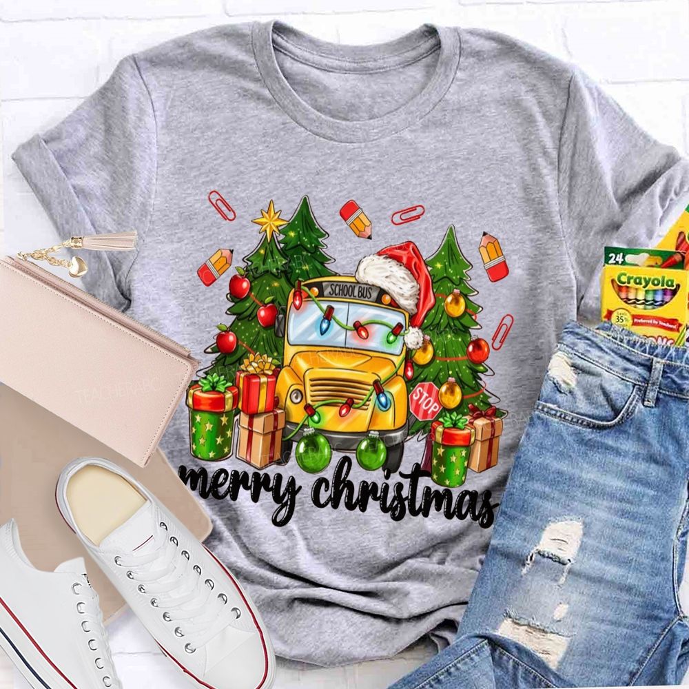 Merry Christmas School Bus Santa Hat Pencil T-shirt