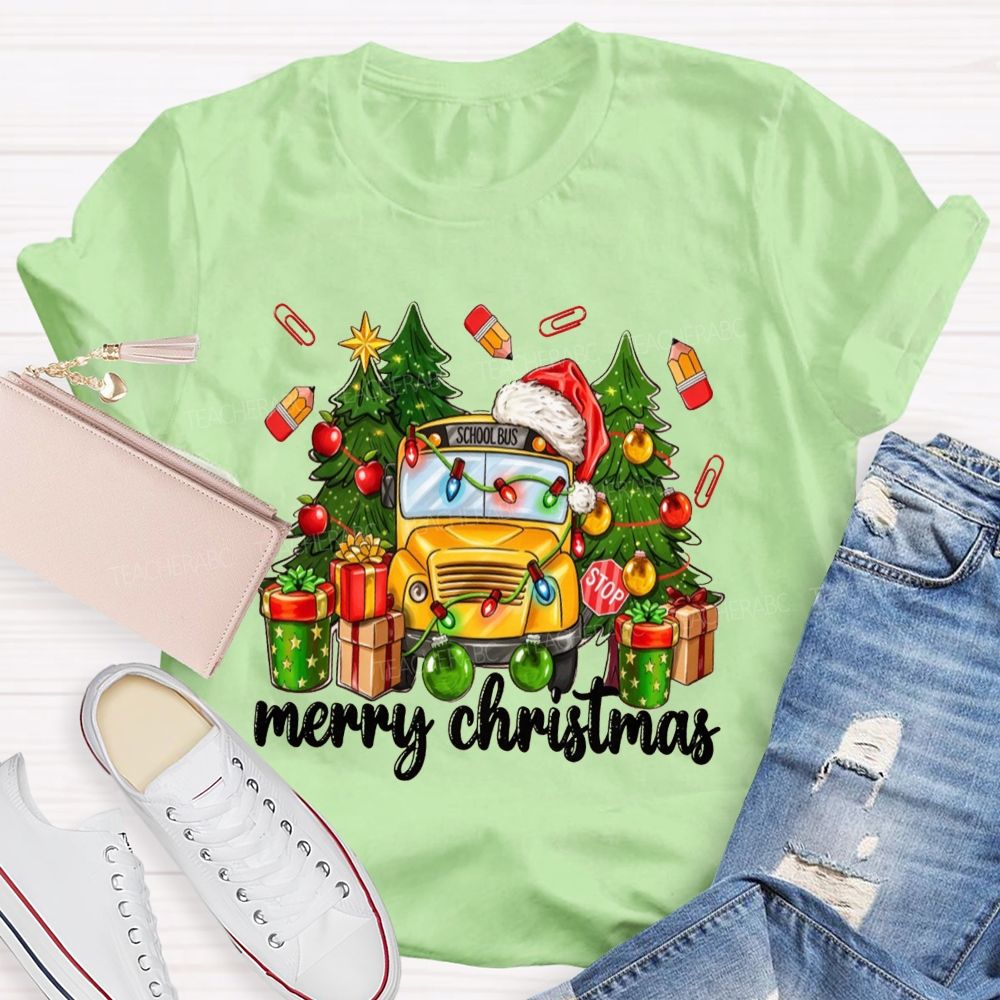 Merry Christmas School Bus Santa Hat Pencil T-shirt