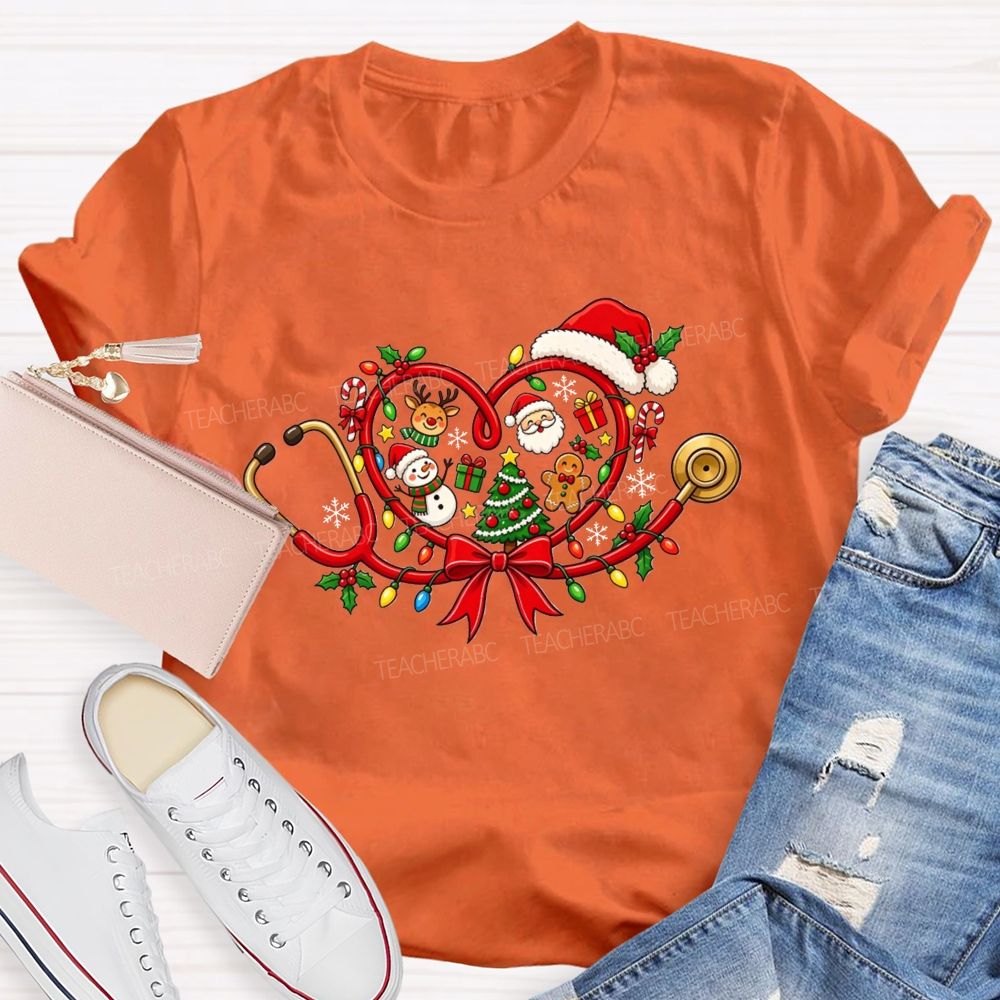 Christmas Heart Stethoscope Santa Snowman Nurse T-shirt