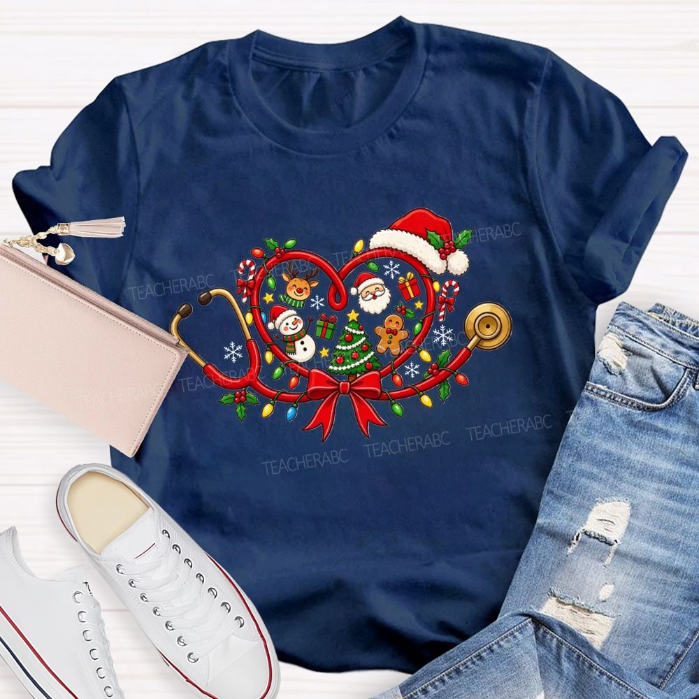 Christmas Heart Stethoscope Santa Snowman Nurse T-shirt