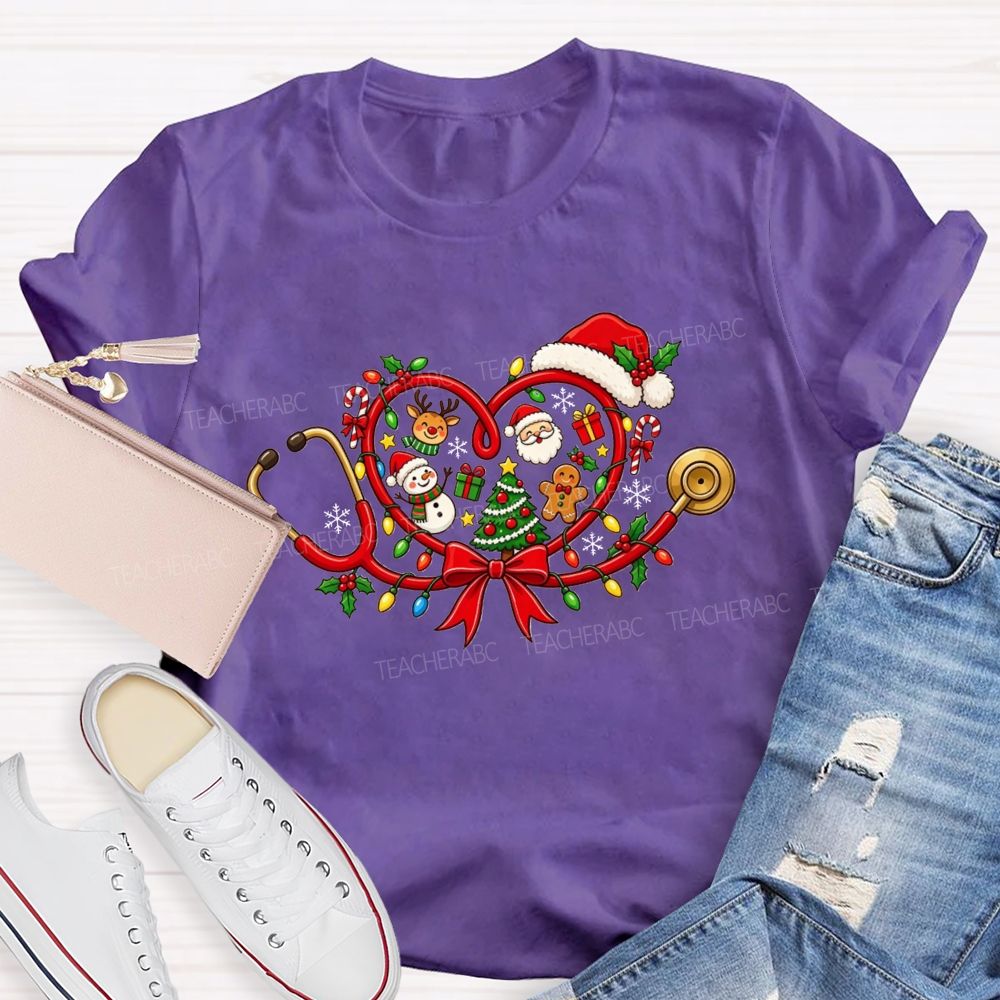 Christmas Heart Stethoscope Santa Snowman Nurse T-shirt