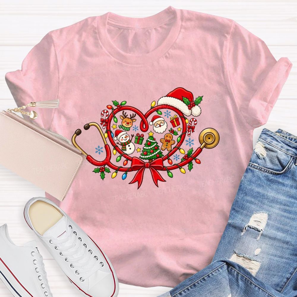 Christmas Heart Stethoscope Santa Snowman Nurse T-shirt